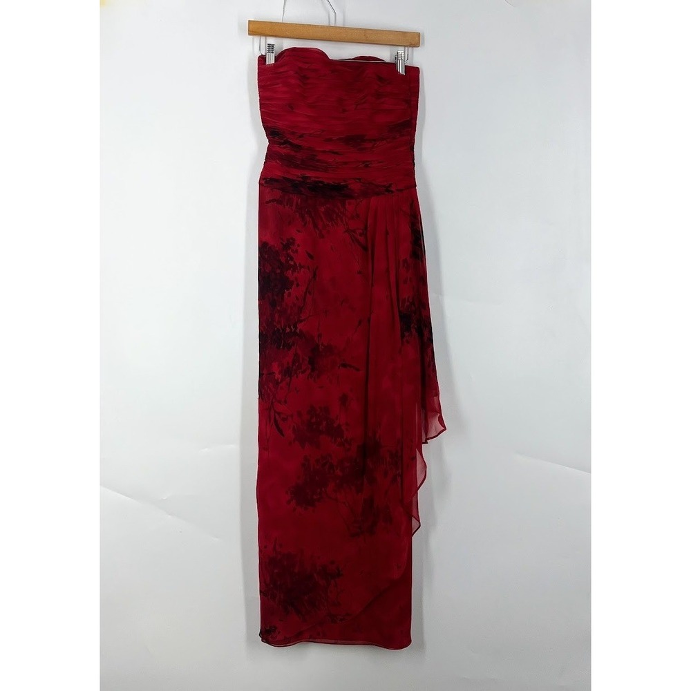 Rickie Freeman Teri Jon Nites Red Black Silk Floral‎ Strapless Gown Dress Size 2